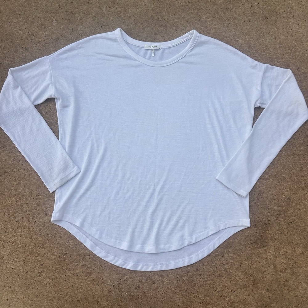 Rag & Bone Top Womens Medium White Knit Long Sleeve Curved Hem Soft Casual